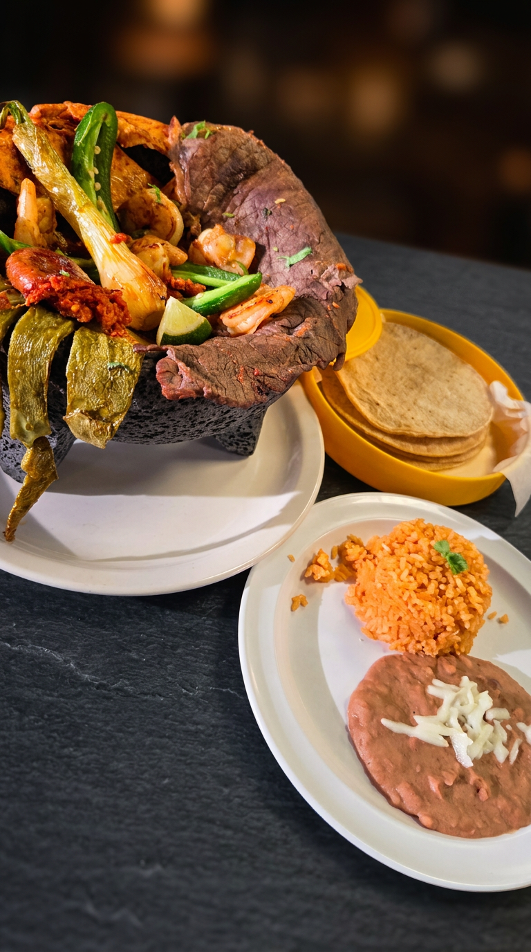 Molcajete filled with grilled steak, shrimp, chorizo, cactus and onions, served with tortillas, rice and beans